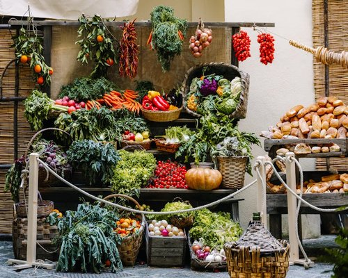 A variety of fresh vegetables and bread from a local Greek market